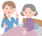 ベッドで体を起こしている女性にアドバイスをしているイラスト